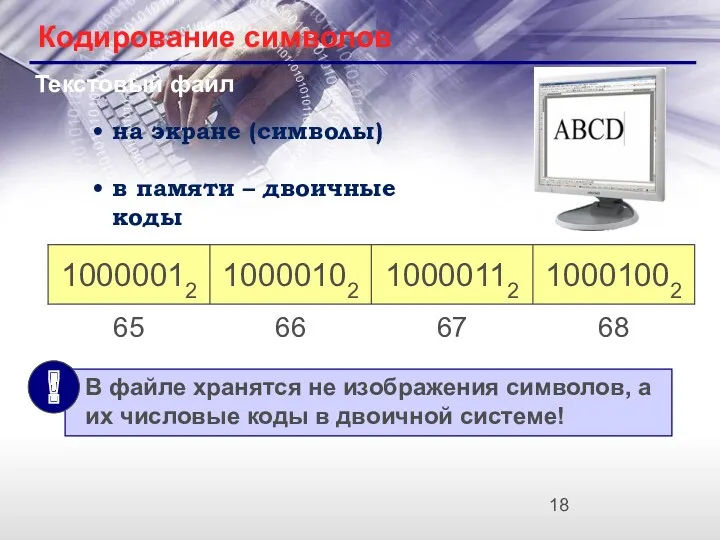 Кодирование символов Текстовый файл на экране (символы) в памяти – двоичные коды