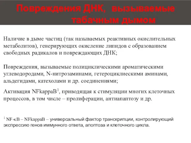 Повреждения ДНК, вызываемые табачным дымом Наличие в дыме частиц (так