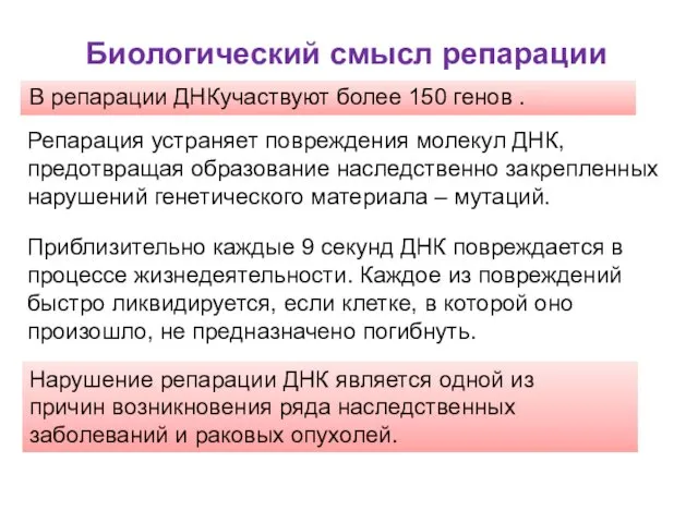 В репарации ДНКучаствуют более 150 генов . Нарушение репарации ДНК