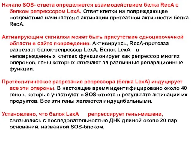 Начало SOS- ответа определяется взаимодействием белка RecA с белком репрессором