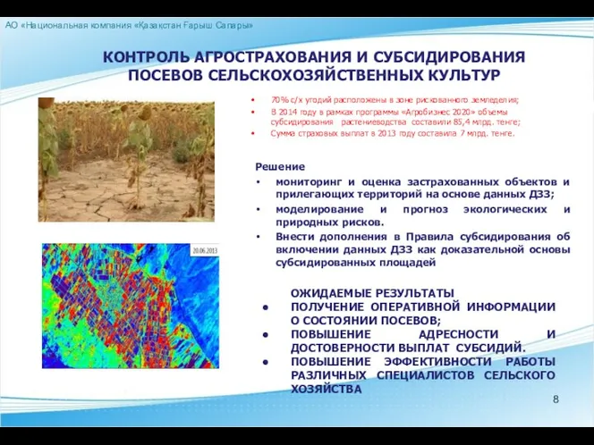 70% с/х угодий расположены в зоне рискованного земледелия; В 2014