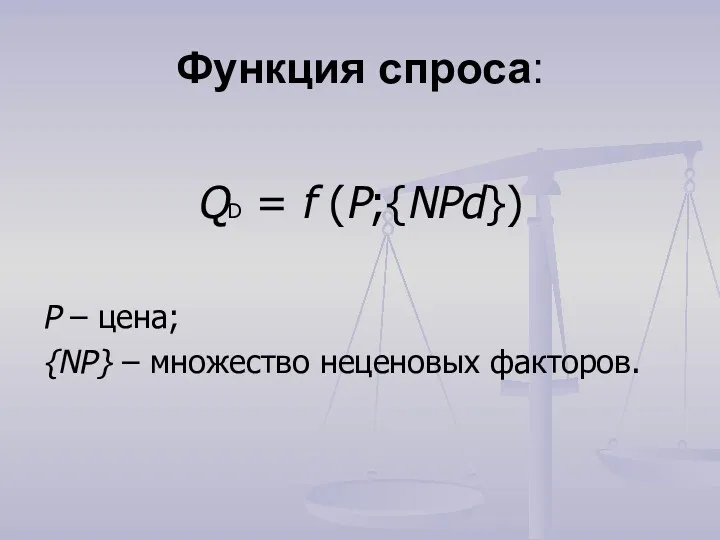 Функция спроса: QD = f (P;{NPd}) P – цена; {NP} – множество неценовых факторов.