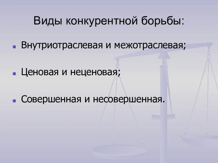 Виды конкурентной борьбы: Внутриотраслевая и межотраслевая; Ценовая и неценовая; Совершенная и несовершенная.