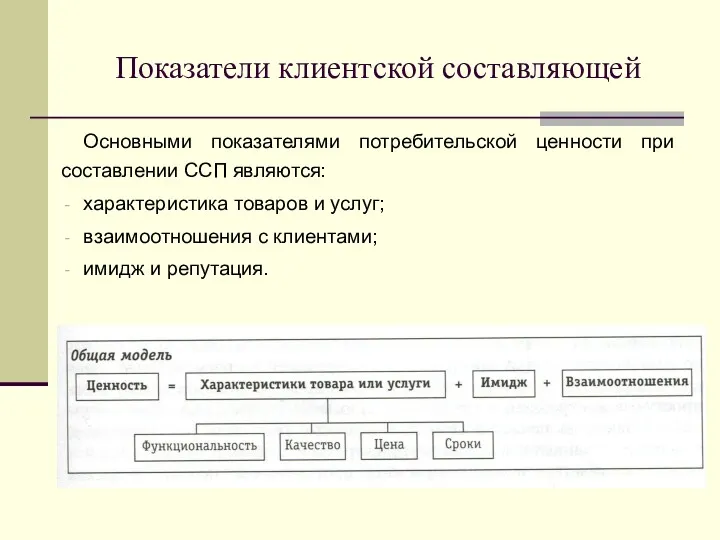 Основными показателями потребительской ценности при составлении ССП являются: характеристика товаров