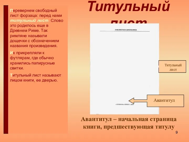 Титульный лист Авантитул – начальная страница книги, предшествующая титулу