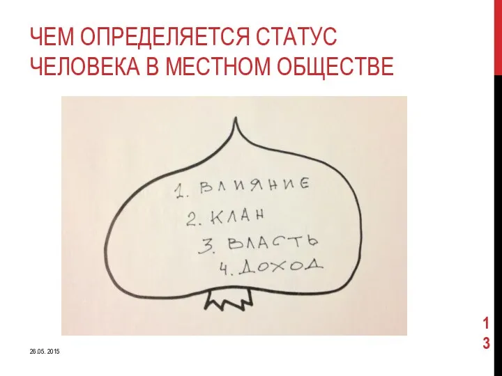 ЧЕМ ОПРЕДЕЛЯЕТСЯ СТАТУС ЧЕЛОВЕКА В МЕСТНОМ ОБЩЕСТВЕ 26.05. 2015