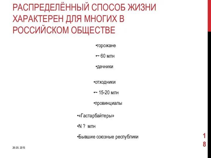 РАСПРЕДЕЛЁННЫЙ СПОСОБ ЖИЗНИ ХАРАКТЕРЕН ДЛЯ МНОГИХ В РОССИЙСКОМ ОБЩЕСТВЕ горожане