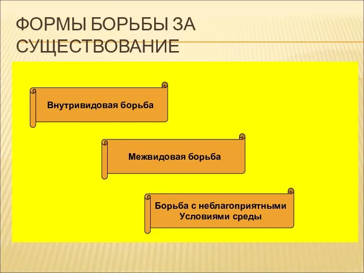 ФОРМЫ БОРЬБЫ ЗА СУЩЕСТВОВАНИЕ Внутривидовая борьба Межвидовая борьба Борьба с неблагоприятными Условиями среды