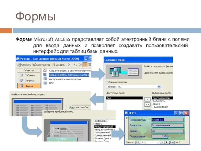 Формы Форма Microsoft ACCESS представляет собой электронный бланк с полями для ввода данных