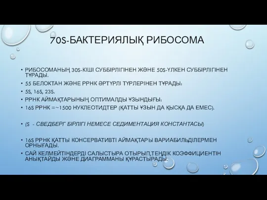 70S-БАКТЕРИЯЛЫҚ РИБОСОМА РИБОСОМАНЫҢ 30S-КІШІ СУББІРЛІГІНЕН ЖӘНЕ 50S-ҮЛКЕН СУББІРЛІГІНЕН ТҰРАДЫ. 55