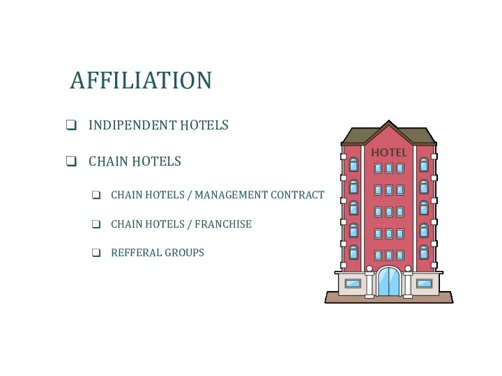 AFFILIATION INDIPENDENT HOTELS CHAIN HOTELS CHAIN HOTELS / MANAGEMENT CONTRACT CHAIN HOTELS / FRANCHISE REFFERAL GROUPS