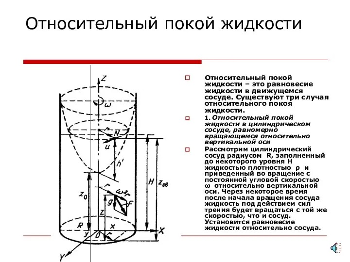 Относительный покой жидкости Относительный покой жидкости – это равновесие жидкости