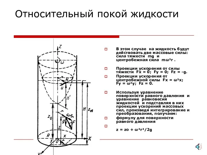 Относительный покой жидкости В этом случае на жидкость будут действовать