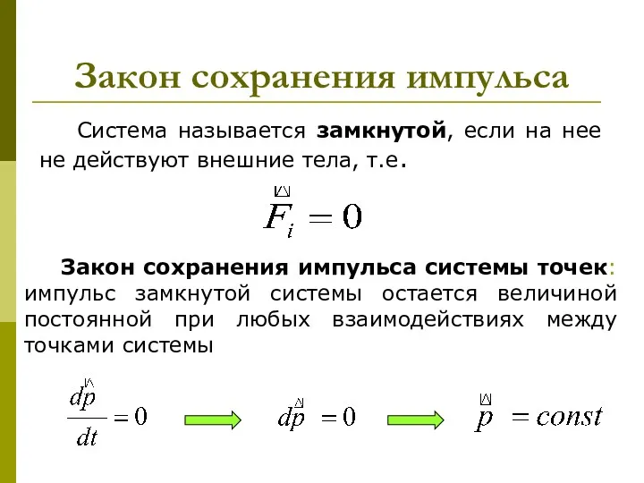 Закон сохранения импульса Система называется замкнутой, если на нее не