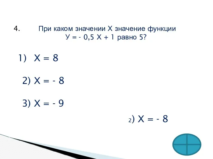 4. При каком значении Х значение функции У = -