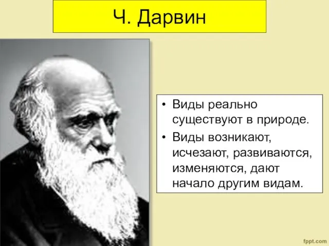 Ч. Дарвин Виды реально существуют в природе. Виды возникают, исчезают, развиваются, изменяются, дают начало другим видам.