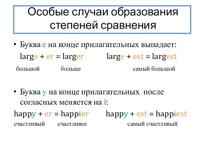 Особые случаи образования степеней сравнения Буква е на конце прилагательных