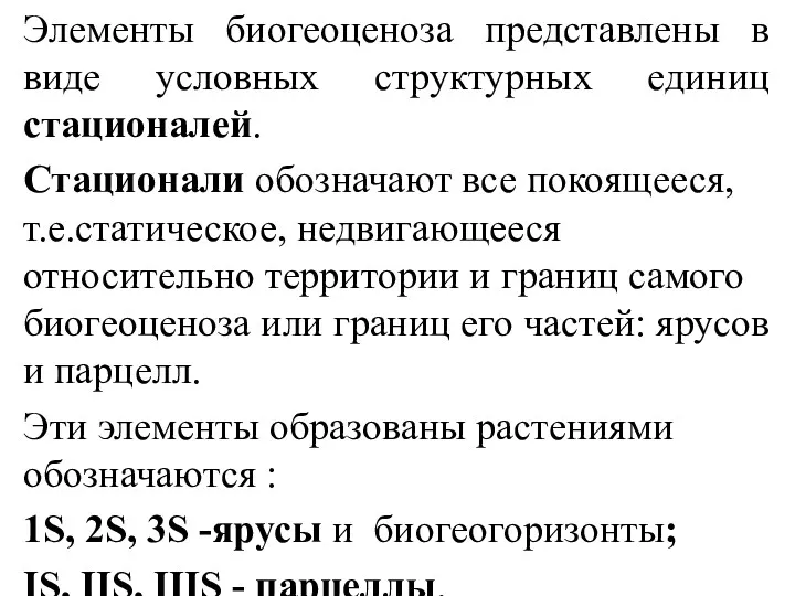 Элементы биогеоценоза представлены в виде условных структурных единиц стационалей. Стационали