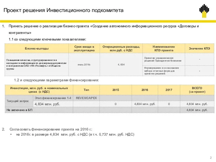 Проект решения Инвестиционного подкомитета Принять решение о реализации бизнес-проекта «Создание