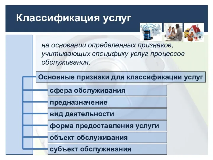 Классификация услуг на основании определенных признаков, учитывающих специфику услуг процессов обслуживания.