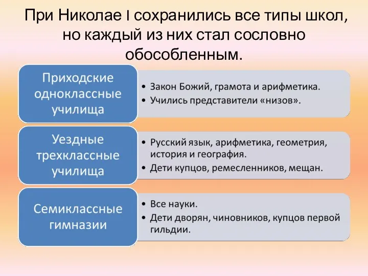 При Николае I сохранились все типы школ, но каждый из них стал сословно обособленным.