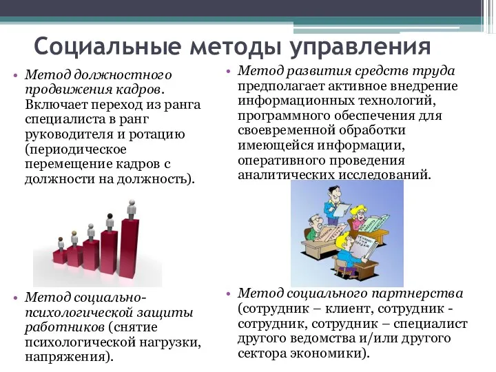 Социальные методы управления Метод должностного продвижения кадров. Включает переход из