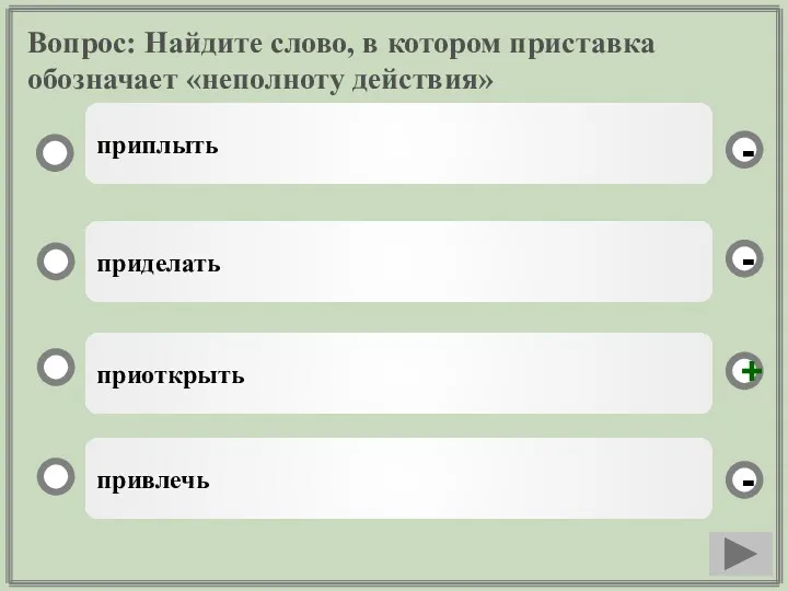 Вопрос: Найдите слово, в котором приставка обозначает «неполноту действия» приоткрыть