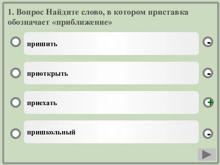 1. Вопрос Найдите слово, в котором приставка обозначает «приближение» пришить