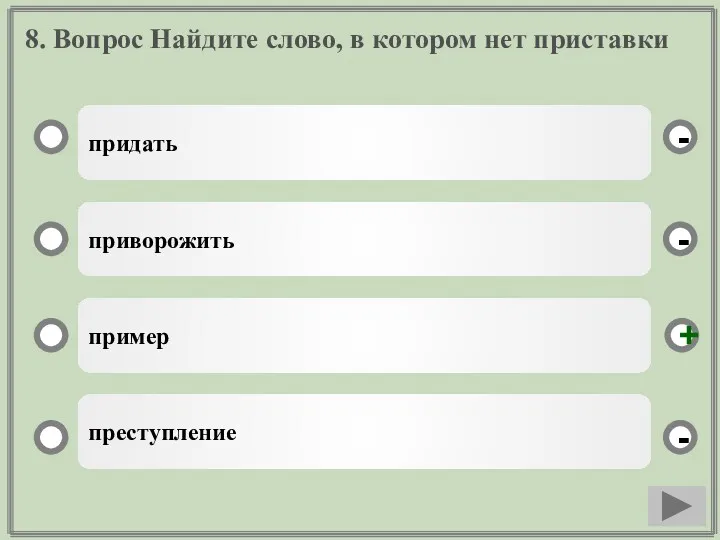 8. Вопрос Найдите слово, в котором нет приставки придать приворожить пример преступление - - + -