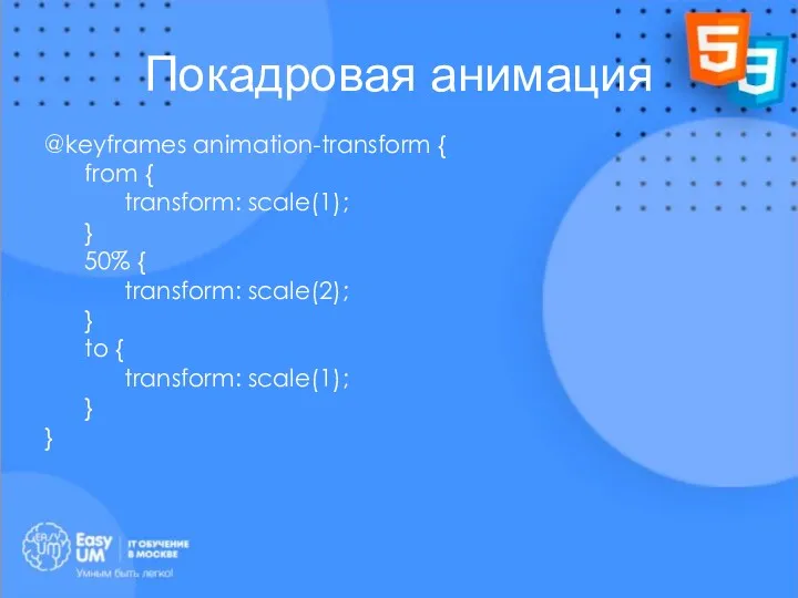 Покадровая анимация @keyframes animation-transform { from { transform: scale(1); }