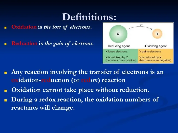 Definitions: Oxidation is the loss of electrons. Reduction is the