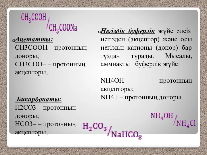 Ацетатты: CH3COOH – протонның доноры; CH3COO– – протонның акцепторы. Негіздік