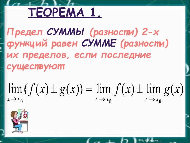 ТЕОРЕМА 1. Предел СУММЫ (разности) 2-х функций равен СУММЕ (разности) их пределов, если последние существуют: