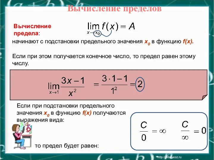 Вычисление пределов Вычисление предела: начинают с подстановки предельного значения x0