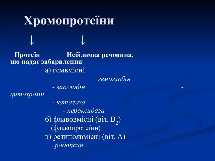 Хромопротеїни ↓ ↓ Протеїн Небілкова речовина, що надає забарвлення а)