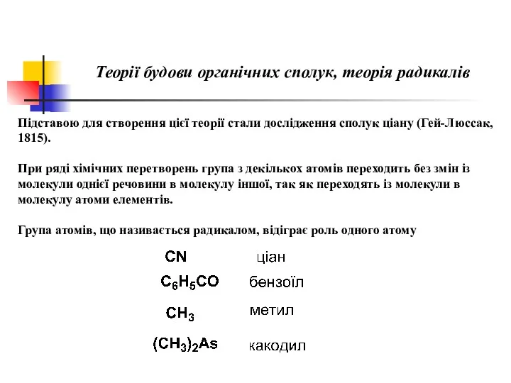 Теорії будови органічних сполук, теорія радикалів Підставою для створення цієї