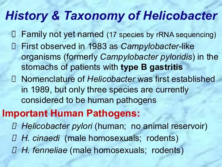 History & Taxonomy of Helicobacter Family not yet named (17