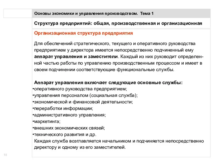 Понятие предприятия Основы экономики и управления производством. Тема 1 Организационная структура предприятия Для