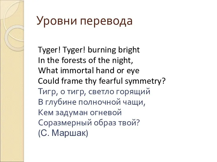Уровни перевода Tyger! Tyger! burning bright In the forests of