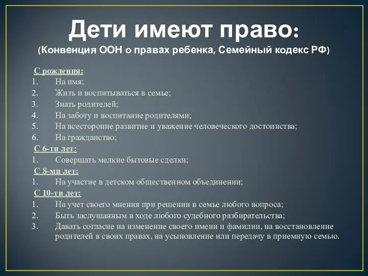 Дети имеют право: (Конвенция ООН о правах ребенка, Семейный кодекс