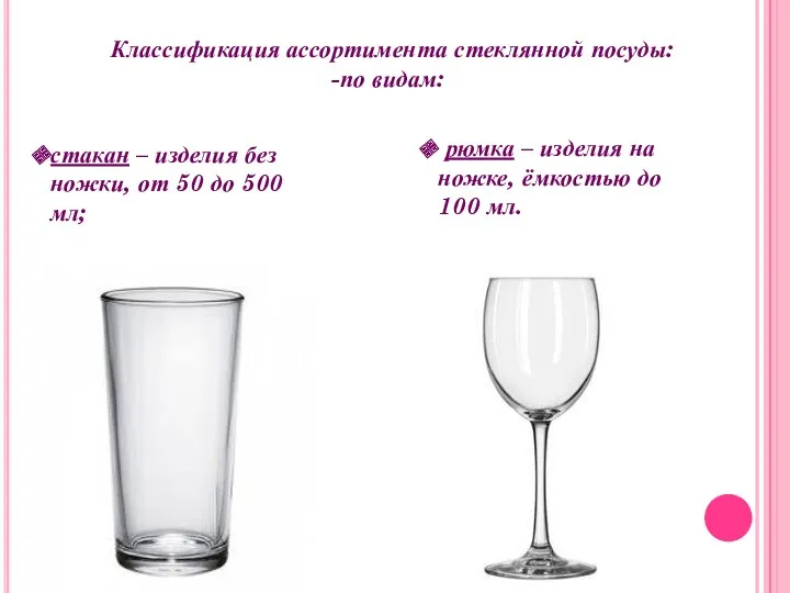Классификация ассортимента стеклянной посуды: по видам: стакан – изделия без ножки, от 50