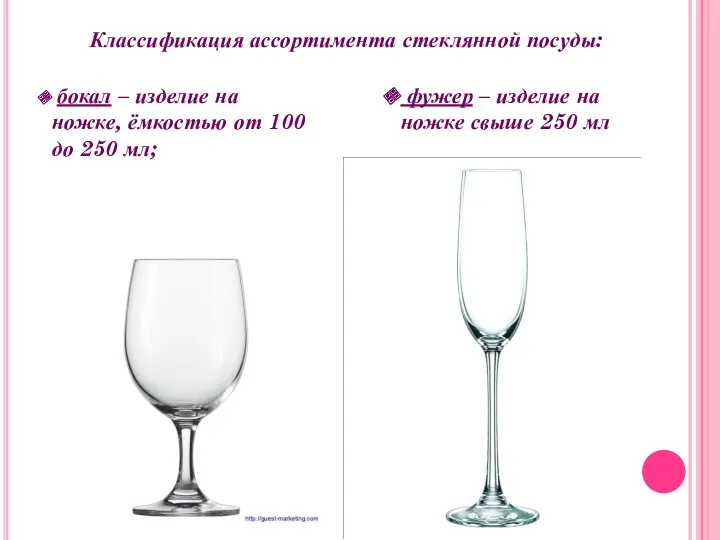 Классификация ассортимента стеклянной посуды: бокал – изделие на ножке, ёмкостью от 100 до