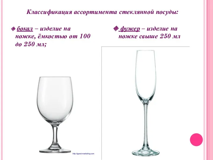 Классификация ассортимента стеклянной посуды: бокал – изделие на ножке, ёмкостью