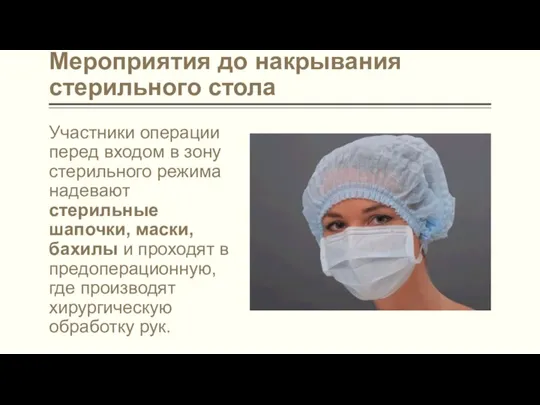 Мероприятия до накрывания стерильного стола Участники операции перед входом в