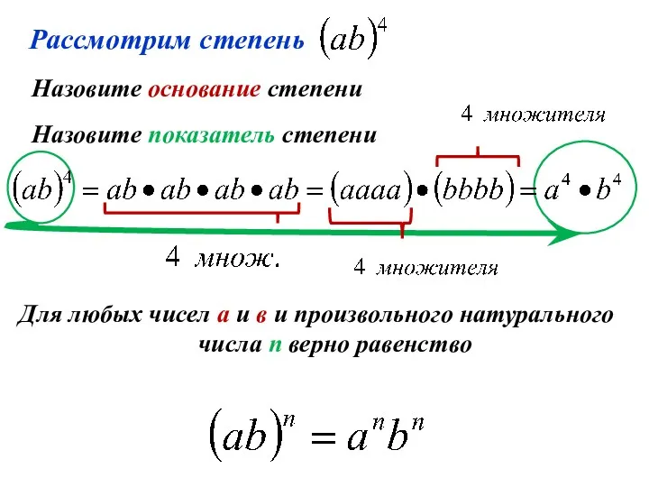 Назовите показатель степени Назовите основание степени Для любых чисел а