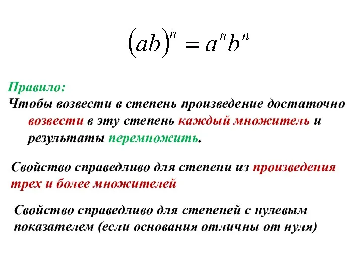 Правило: Чтобы возвести в степень произведение достаточно возвести в эту