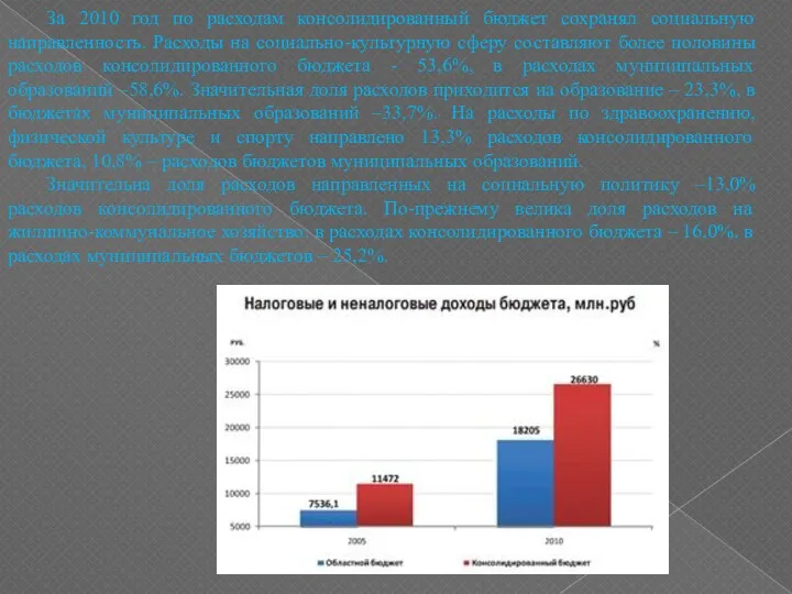 За 2010 год по расходам консолидированный бюджет сохранял социальную направленность.