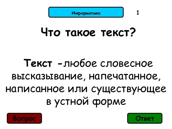 Информатика Что такое текст? Текст -любое словесное высказывание, напечатанное, написанное