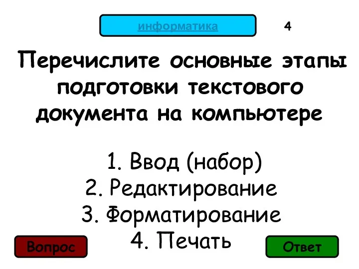 информатика Перечислите основные этапы подготовки текстового документа на компьютере 1.