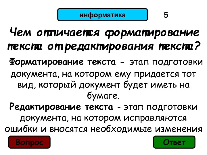 информатика Чем отличается форматирование текста от редактирования текста? Форматирование текста